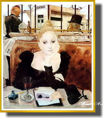 藤田嗣治、『カフェにて』、希少な画集より、新品高級額、額装付